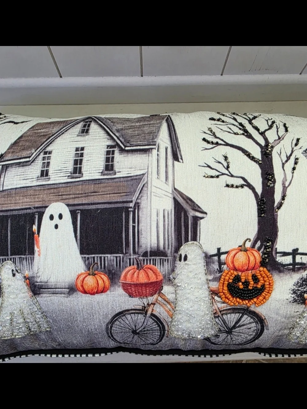 ♥️New! Halloween Haunted House & Ghosts Pillow Beaded Pumpkins Striped Back.